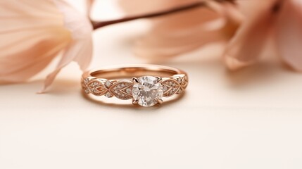 single golden ring on table with flowers in background , engagement and wedding