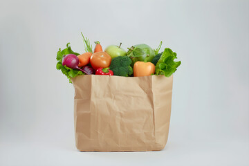 Paper bag filled with fresh vegetables and fruits on a white background, symbolizing the quality of food in a supermarket.