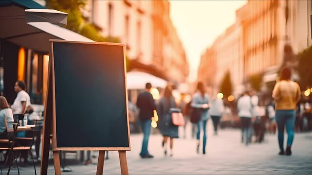 Empty blackboard sign mockup in front of a restaurant , Menu board with a street cafe or restaurant
