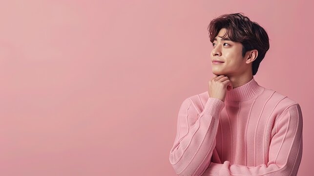 A Korean man's expression is introspective and contemplative as he explores his thoughts, against a solid pink background