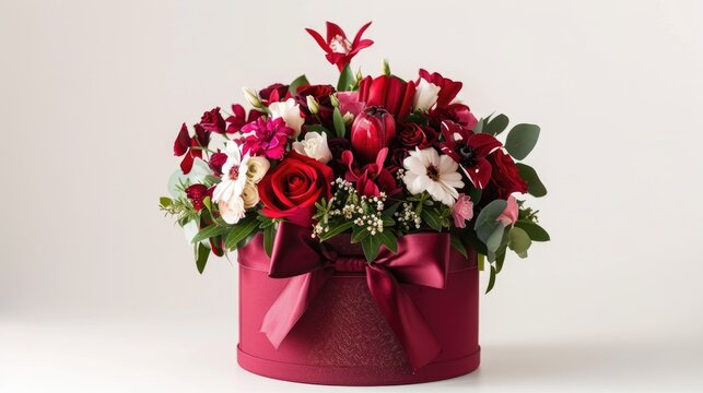 A stunning arrangement of flowers showcased in an elegant crimson gift box adorned with a matching bow set against a pristine white backdrop