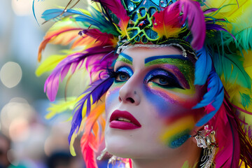 Drag queens of different races and nationalities, showcasing their unique beauty and artistic expression with vibrant and bold makeup, while celebrating diversity.