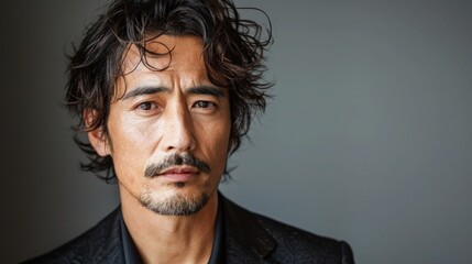 Obraz premium A Korean man gaze distant and dreamy as he visualizes something enchanting, against a solid gray background, lost in the beauty of his thoughts.