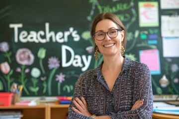 Teacher smiling on the background of the school board with the inscription teacher's day, congratulations to schoolchildren for teacher
