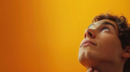 A man with a pensive expression, with eyes deep in thought as he envisions something beautiful, against a solid orange background, lost in his own world of dreams and aspirations.