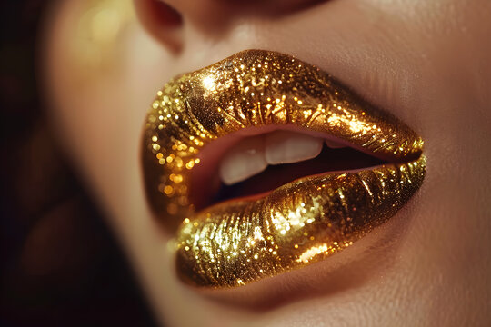 Elegant gold gloss on the lips, enhancing a seductive smile with a touch of luxury and extravagance.