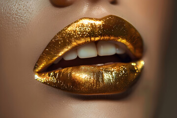 Elegant gold gloss dripping from the lips, enhancing a seductive smile with a touch of luxury and extravagance.