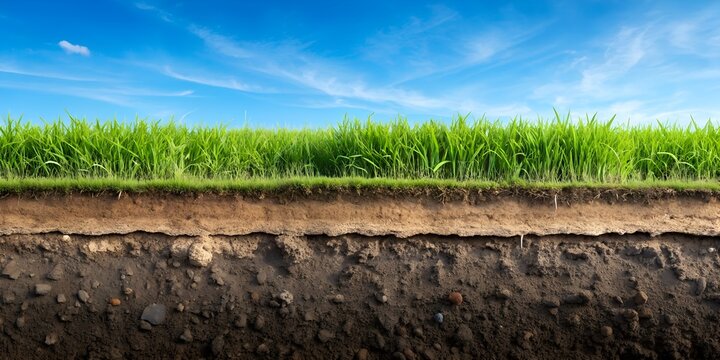 A cross-section of the top layer of soil shows an agronomically valuable soil texture and green grass above it. The concept of ideal farming and proper land use is the key to future harvests.
