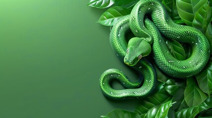 A green snake on a green background