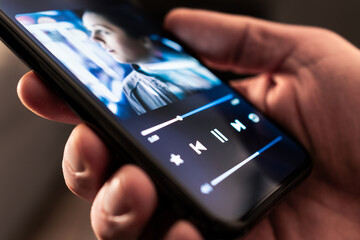 Music in phone. Stream playlist app. Song or podcast mobile player. Listen to audio record or book...