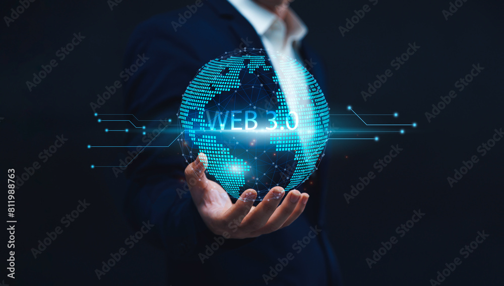 Poster future internet blockchain business person interacting with web 3.0 global communication and network