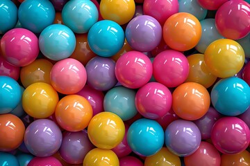 A lot of colorful balls. The balls are pink, blue, orange, purple, and yellow. The balls are all different sizes. The balls are all shiny. The balls are all in a big pile.