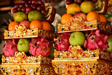 Canang Gebogan is Balinese offering which are a composition of fruits and canang flower leaf