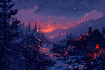 Mountain Night: Sunset Glow over Forested Hills - Powered by Adobe