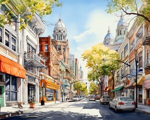 Naklejka premium Aquarelle painting of a small town street with colorful buildings, lush trees, and a blue sky.
