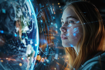 A woman looking at a globe with icons on her face