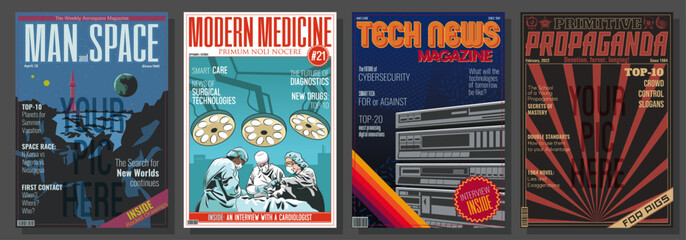 Typical Magazines Fake Cover Set. Color Magazines First Page Backgrounds. Cosmic Scientific, Medical, Technological, Propagandist Editions