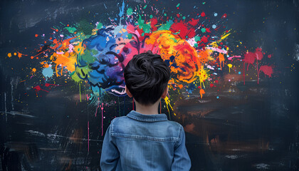 boy in front of a blackboard with brain shape colorful creative splashes - Powered by Adobe