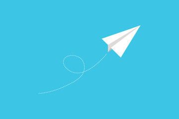 white paper plane with dotted line flying on blue sky background.