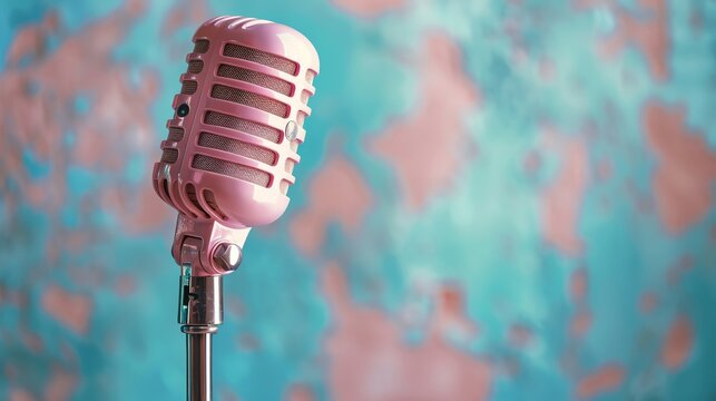 A vintage microphone in pastel pink against a soft blue textured backdrop, evoking a nostalgic yet stylish aesthetic suitable for music album covers or retrothemed graphics