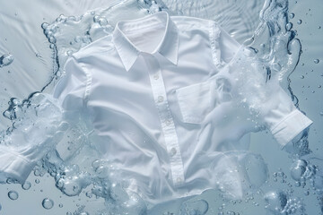 Shirt submerged in water, surrounded by bubbles and splashes, conveying the feeling of cleanliness and freshness thanks to the liquid detergent.