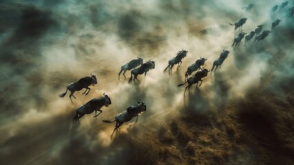 The image shows a group of wildebeests running across the savanna. The wildebeests are in a hurry. The background is blurred, and the wildebeests are the main focus of the image.