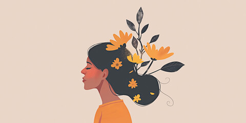 Empathy in bloom. Minimalist concept of empathy and positivity with flowers growing from a woman's head.