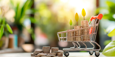 Concept of financial growth and sustainable finances. A small shopping cart with piles of coins and foliage.