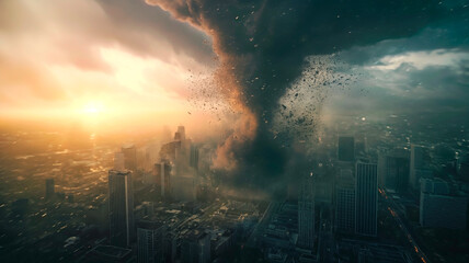 An huge tornado or hurricane destroying a big city. Panoramic view.