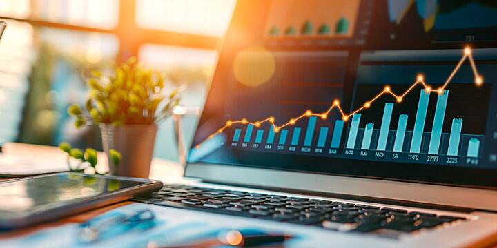 Concept of financial and investment growth. A sunny workspace with financial growth analytics displayed on laptop.