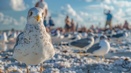 Amidst the commotion of seagulls on a barrier island along the Gulf of Mexico a mix of startled feathered friends and nonchalant beachgoers off camera creates a fascinating scene reflecting 
