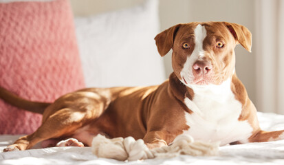 Dog, pitbull and relax on bed in home with blanket, rope or toys for growth, training and...