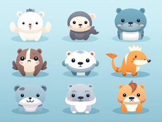 Obraz premium cute 3D various animals flat design front view safari theme animation Complementary Color Scheme.
