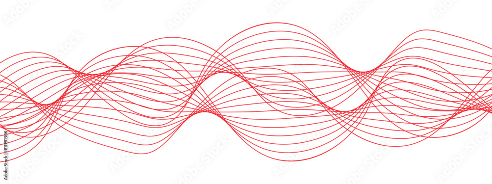 Poster Abstract red glowing and flowing wave lines background. Transparent technology speed futuristic wave line sound. Wavy fluid pattern gradient dynamic swoosh design.