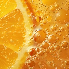 Sunlit orange juice droplets with vibrant slice detail