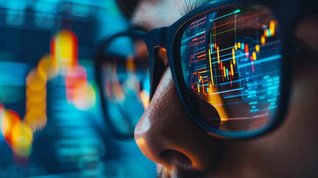 A man with glasses that displays stock growth charts, financial charts
