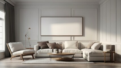 Cozy Living Room Interior Decorated with Modern Furniture and Blank Canvas Frame on White Textured Wall Background Render Suitable for Buildings and Architecture Interior Design