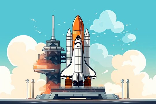Design a flat design artwork of a space shuttle docking in front view with an orbital maneuvers theme in cartoon drawing using a Colored Pastel palette.