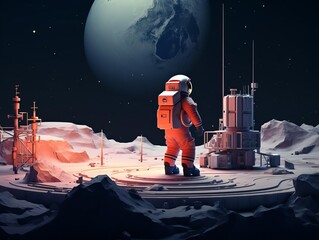 Develop a flat design depiction of an astronaut training in side view with a space camp theme in using a Splitcomplementary color scheme.