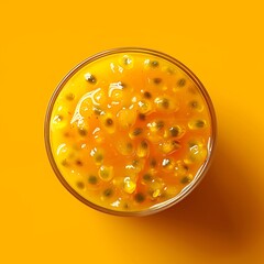 Top view of passion fruit puree in a bowl on yellow