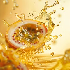 Dynamic splash of passion fruit juice and seed