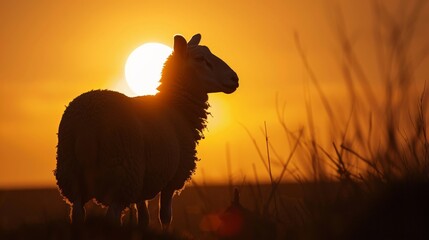 Fototapeta premium The image shows a sheep standing in a field with the sun rising behind it. The sheep is in silhouette and the sun is a bright yellow orb. The image is peaceful and serene.