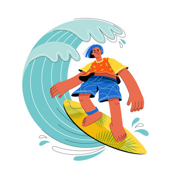 recommend clip art: Male surfer character hyperbolic in flat style. Riding a surfboard on the waves.Isolated on a white background.Vector stock illustration.