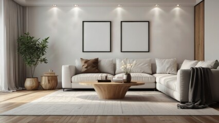 3D Rendering of Living Room Interior with Cozy Furniture Mock-Up and Blank Canvas Frame on White Wall Texture Suitable for Buildings and Architecture Interior Design