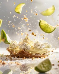 An epic stylized advertise photo of Key Lime Pie bursting energetically , set against a white background The scene Illuminated by dramatic side light, the scene features long shadows and textured move