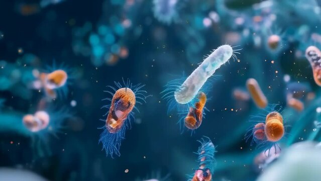 Various bacteria floating in fluid environment, highlighted vivid colors, dynamic lighting. Educational, scientific, or medical presentations, it visually represents the complex world of microbiology