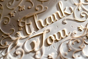 A close-up of an intricately crafted paper-cut "Thank You" calligraphy, with delicate swirls and flourishes, casting soft shadows against a neutral background, showcasing the meticulous artistry.
