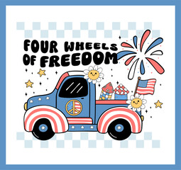 Groovy 4th of July truck with firework Cartoon Trendy doodle idea for Shirt Sublimation, greeting card
