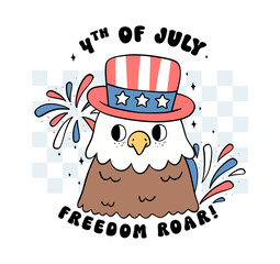 Groovy 4th of July Retro Eagle bald Cartoon Trendy Character doodle idea for Shirt Sublimation, greeting card
