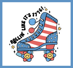 Groovy 4th of July roller skate shoe Cartoon Trendy doodle idea for Shirt Sublimation, greeting card